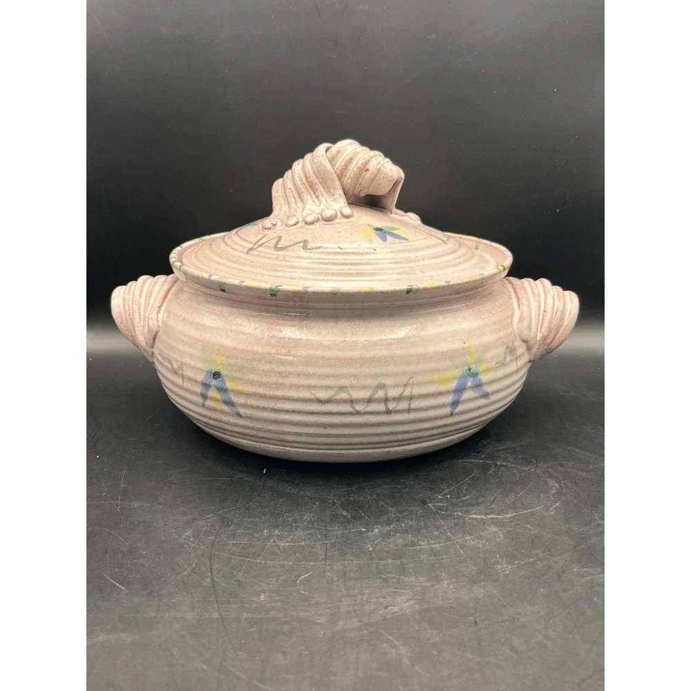 Vtg. Clay Pottery Studio Art Casserole Dish w/‎ Lid Hand Painted 11x9x6